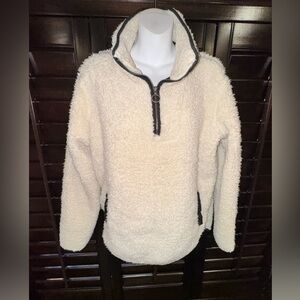 Thread & Supply Wubby Sherpa Quarter Zip Womens Pullover Ivory Black Trim MEDIUM